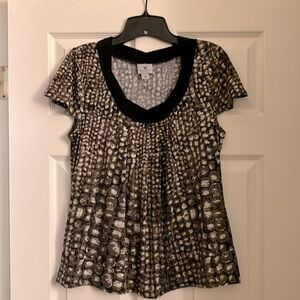 Worthington Stretch Women's Petite Large Patterned Dress Top Brown, Black, White